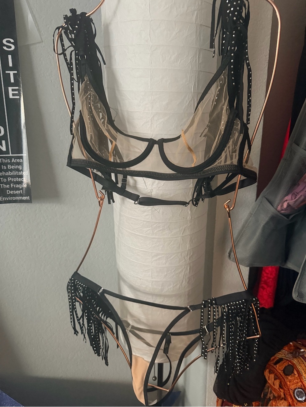 God Save Queens | 2 piece set. Black Studded Fringe on sheer nude. Bra & thong